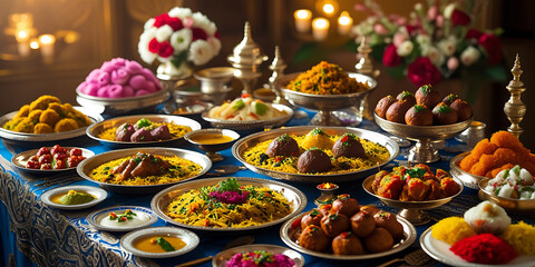 Fototapeta premium Lavish Spread of Traditional South Asian Dishes with Biryani, Sweets, and Garnishes