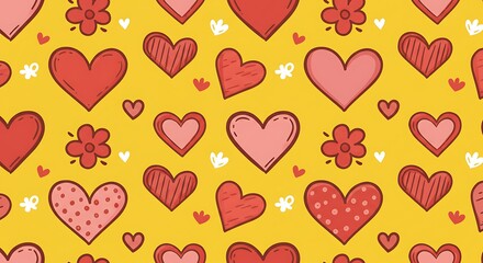 Joyful Hearts And Flowers Pattern Red Yellow Doodle Art AI Generated