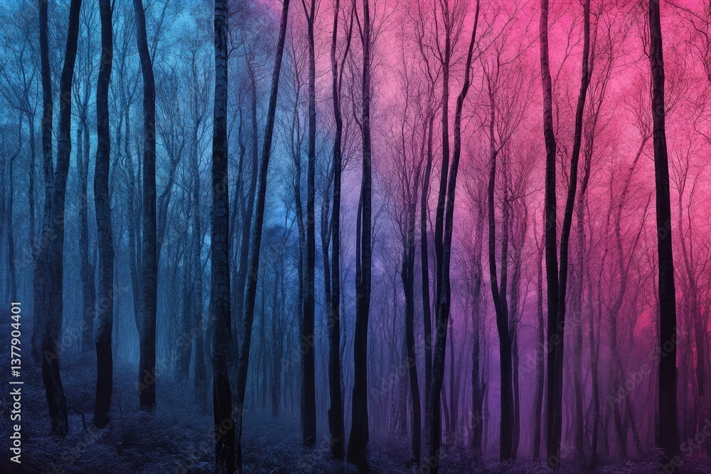 Poster ethereal forest with vibrant colors at twilight creating a surreal atmosphere
