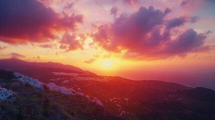 Fototapeta premium Aerial view of a mountain range with a town at sunset under a colorful sky with pink clouds