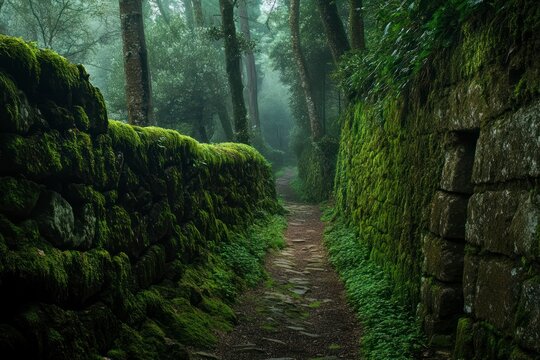 Walking Stone Path Through Misty Forest with Mossy Walls and Trees