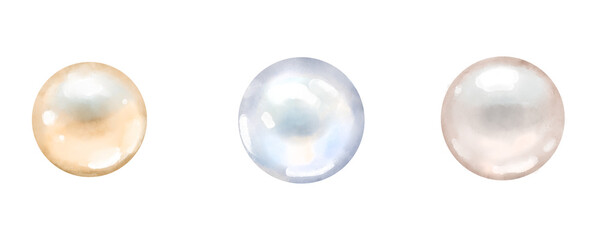Luminous sea and ocean pearls. Digital watercolor illustration. A set of cute pearls in different shades, highlighted on a white background.