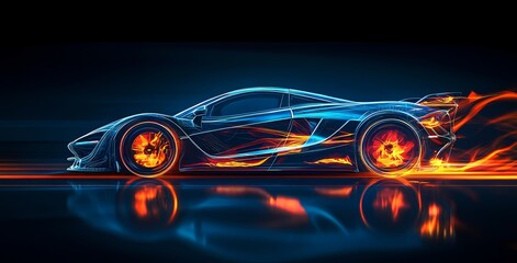 Futuristic sports car engulfed in vibrant neon flames, glowing with iridescent light. A dynamic, abstract digital masterpiece with a striking, colorful composition.
