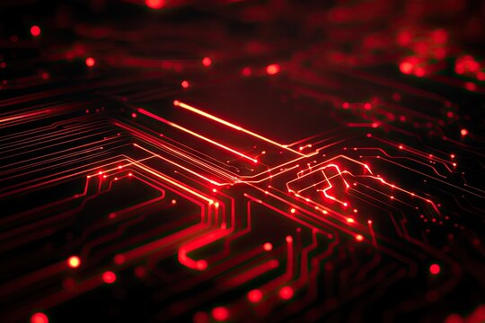 Intricate circuit board with glowing red lines