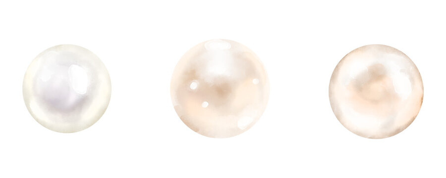 Luminous sea and ocean pearls. Digital watercolor illustration. A set of cute pearls in different shades, highlighted on a white background.