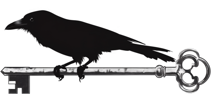 Vintage Illustration Of Black Crow Bird On Key Isolated On Transparent PNG