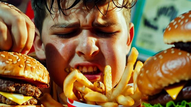 An extreme obese stressed teenager eating junk fast food and living a sedentary life bad health habits 4K