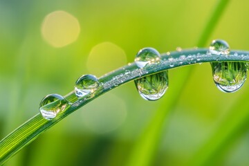 Water Droplets on Grass Blade Reflecting Greenery in Macro Shot