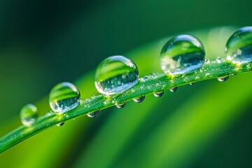 Water Droplets on Green Grass Blade Sparkling in Morning Sunlight