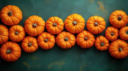 Festive Halloween decorations with small pumpkins on a green backdrop, offering an orange blank circle for personalized messages or greetings