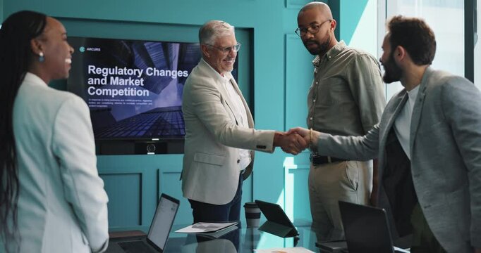 Agreement, handshake and meeting with business people in office boardroom for collaboration. B2b, deal and shaking hands with employee team in workplace for regulatory changes or market competition