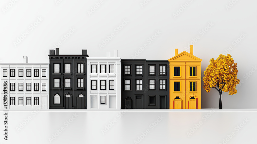 Aufkleber row of minimalistic 3d buildings in black, white, and yellow stands against plain background, accomp