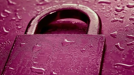 Close up of a Purple Padlock Covered in Water Drops