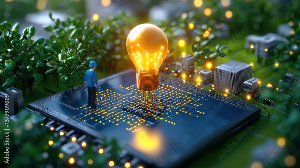 Leinwandbilder miniature figure stands on microchip surrounded by greenery, observing glowing light bulb symbolizin