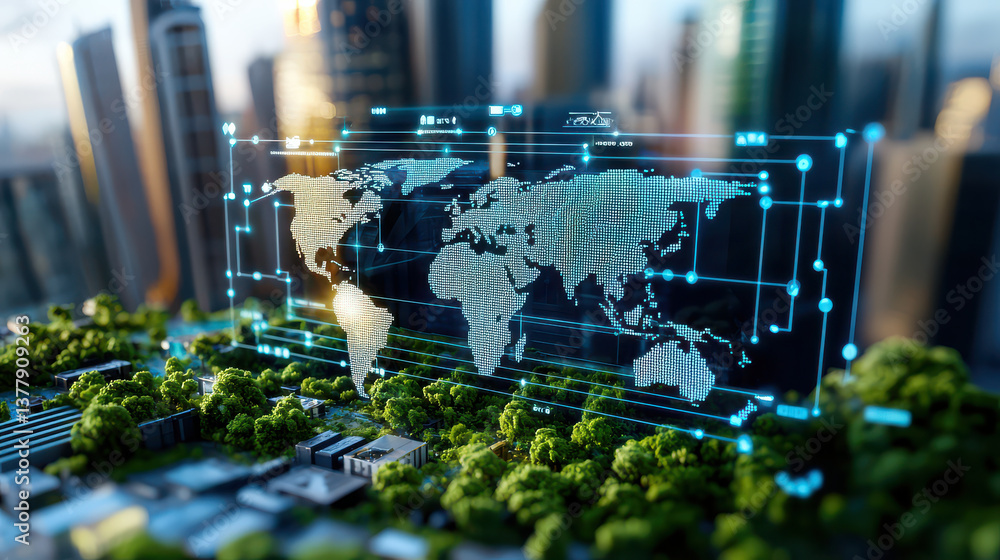 Poster digital world map with global cities connected through futuristic interface, set against cityscape w