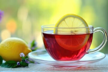 A cup of red tea with a lemon slice on a saucer next to a lemon with a blurred background view