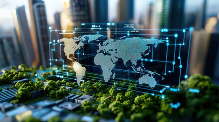 digital world map with global cities connected through futuristic interface, set against cityscape with lush greenery, symbolizes global connectivity and technology