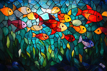 Colorful stained glass art depicting fish swimming in water
