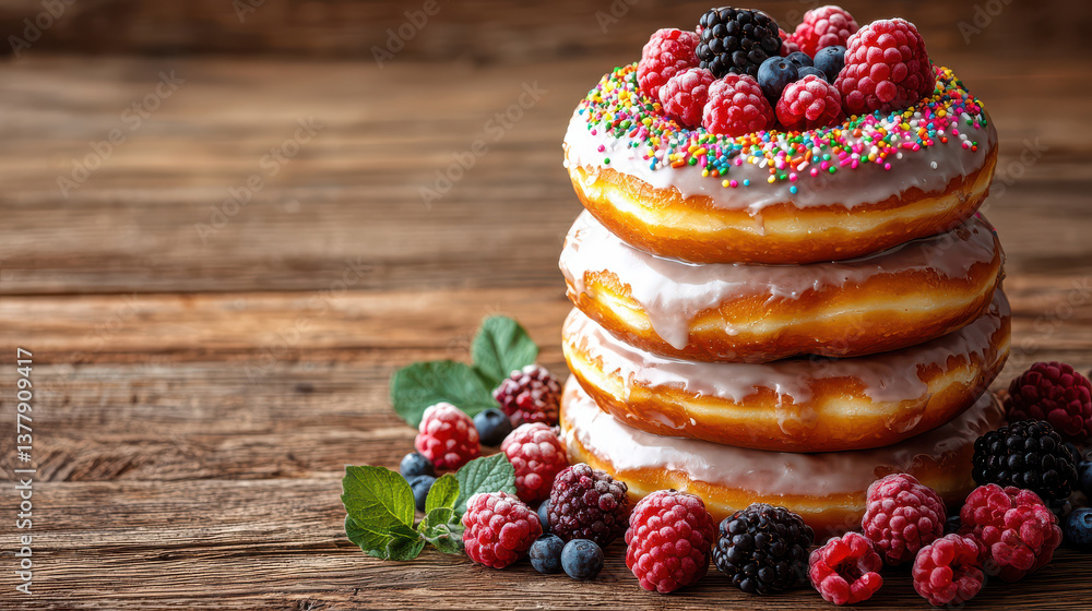 Poster tower of donuts with luxurious glaze and sprinkles is topped with fresh berries, creating colorful and appetizing display on rustic wooden table