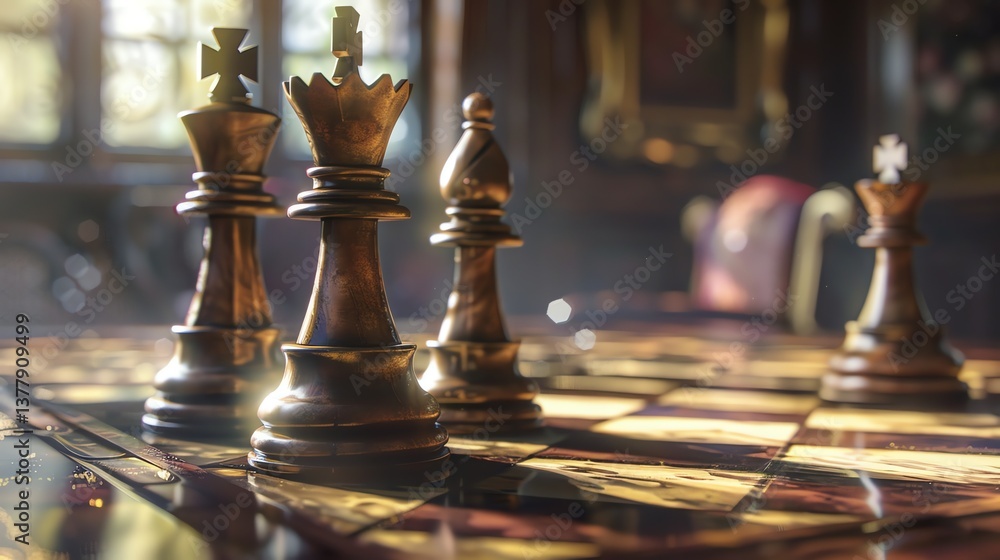 Aufkleber the image is a 3d rendering of a chessboard with a king, queen, and bishop on it.