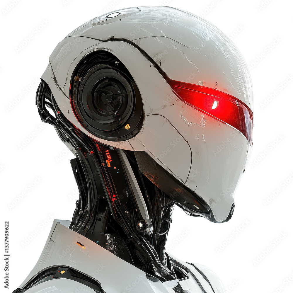 Poster close up of a futuristic robot head with a glowing red light against a transparent background, close