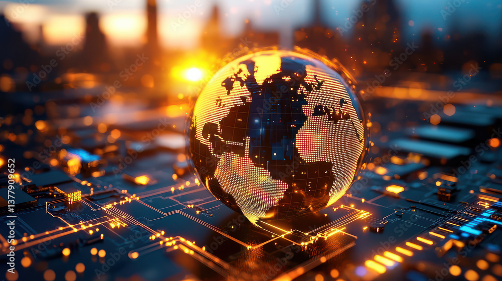 Poster glowing globe with futuristic cityscape is superimposed on digital circuit board, symbolizing global