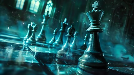 3D rendering of a chessboard with black and white chess pieces. The chessboard is made of glass and the pieces are made of metal.