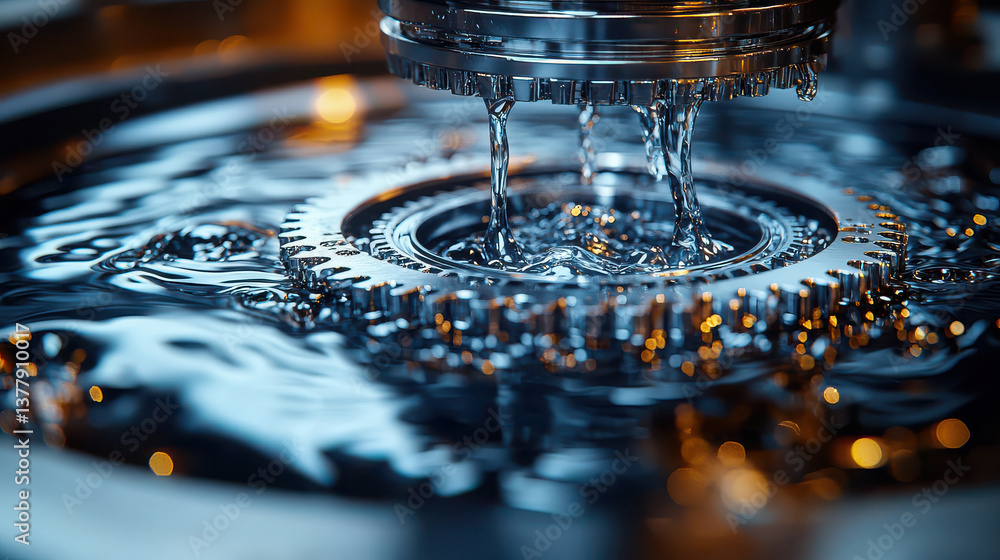Poster high resolution image captures mechanical water pump in action, with water flowing dynamically over 