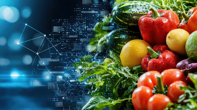 vibrant display of fresh produce, including peppers, lemons, and cucumbers, is juxtaposed with digital interface, symbolizing intersection of agriculture and technology - Powered by Adobe