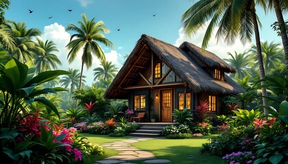 Fototapeta premium Tropical Thatched Cottage Lush Garden Stone Path Sunny Day