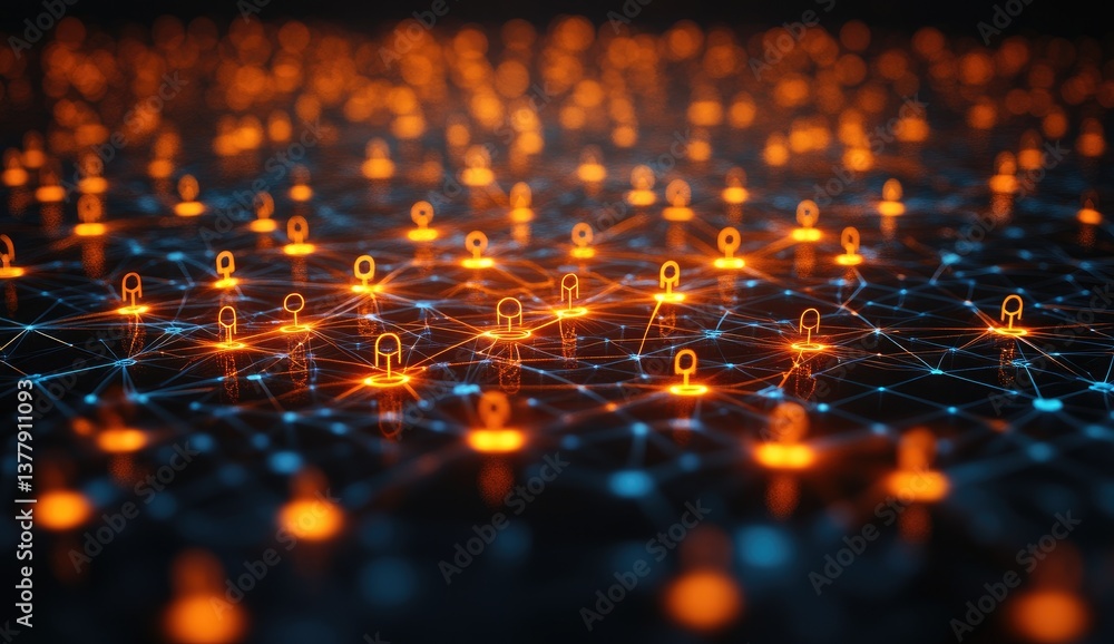 Poster abstract glowing network pattern with orange symbols