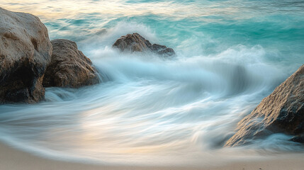 Ocean waves crashing against rocks creating a misty effect with a sandy beach foreground
