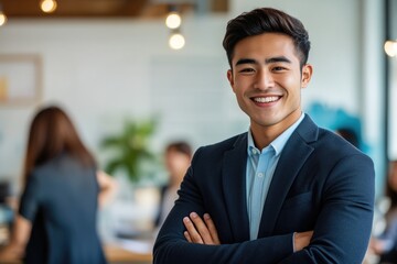 Confident young professional smiling while standing in a modern office environment with colleagues working in the background