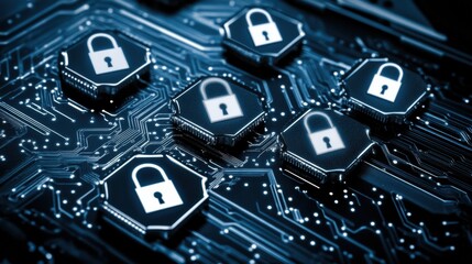 Abstract Blue Circuit Board with Hexagon Lock Icons Cybersecurity and Data Protection Concept