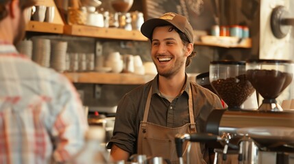 Fototapeta premium Cheerful barista wearing apron and cap standing at counter in coffee shop and looking at customer. Small business owner concept.