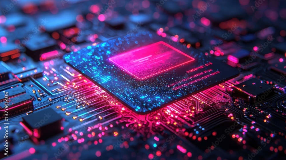Poster a close-up view of a computer chip highlighting its intricate design as a symbol of cyberpunk digita