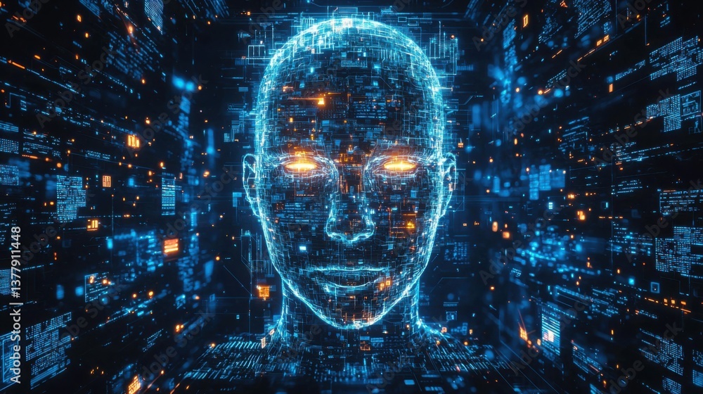 Poster a face merging into a digital world representing cyberpunk digital identity and the transformation o
