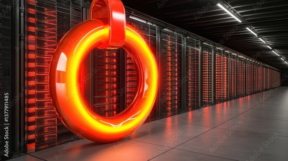 Poster bright red illuminating a high-tech server room as a symbol of cybersecurity awareness and data prot