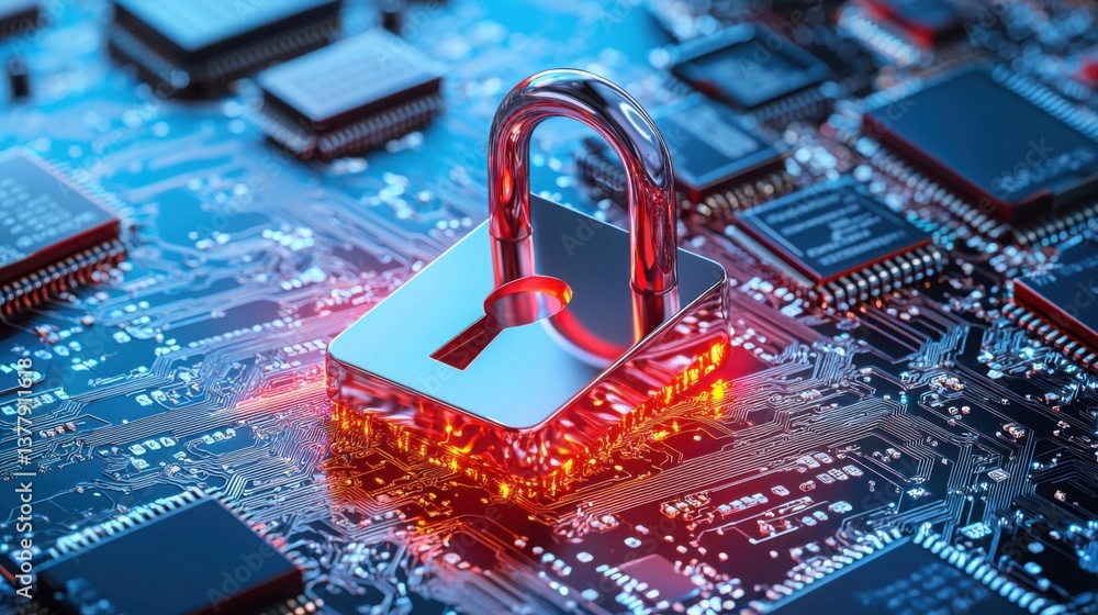 Poster padlock resting on a circuit board illustrating the cybersecurity roadmap and emphasizing digital sa