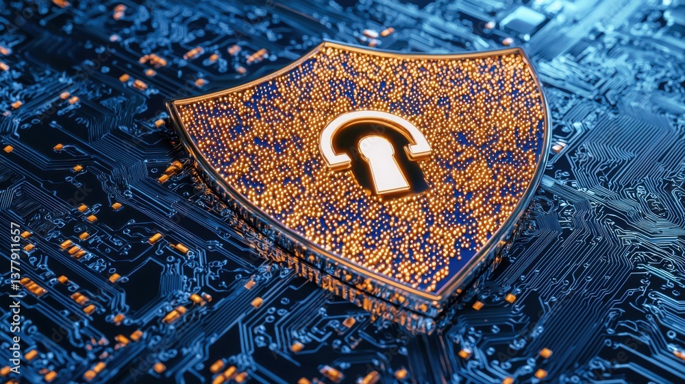 Poster computer chip with a padlock on it representing a cybersecurity shield glowing hud for digital prote