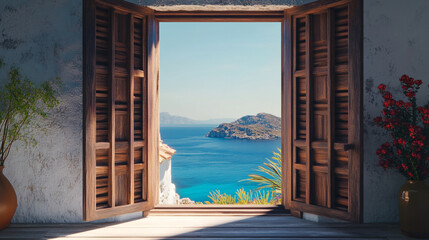 Open wooden window overlooking the mediterranean sea with island and flowers in vases on the sides