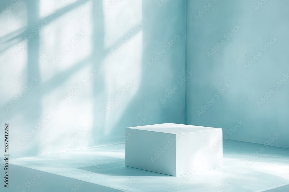 Poster Minimalist cube in softly illuminated blue room creating serene atmosphere