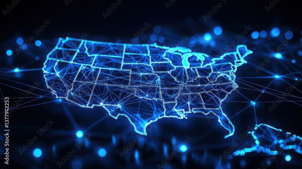 Poster detailed map of the united states showcasing a network of connected lines representing data monetiza