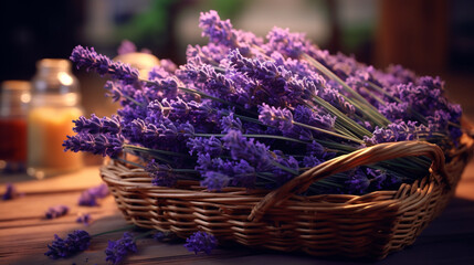 Lavender flowers in basket still life photography aromatherapy wellness spa purple floral decorative fragrance 100