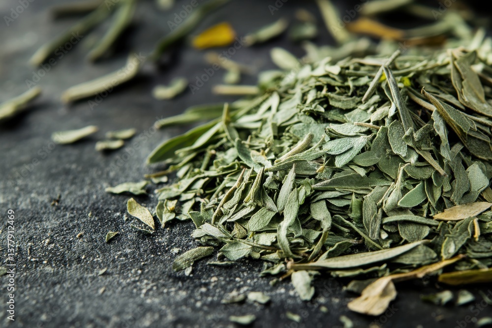Poster dried herbs on a dark stone surface showcasing a vibrant green color and texture in a culinary setti