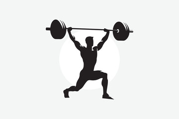 minimal black silhouette of a person performing a snatch lift. The figure is in a wide stance, lifting a barbell overhead in one swift motion, arms fully extended