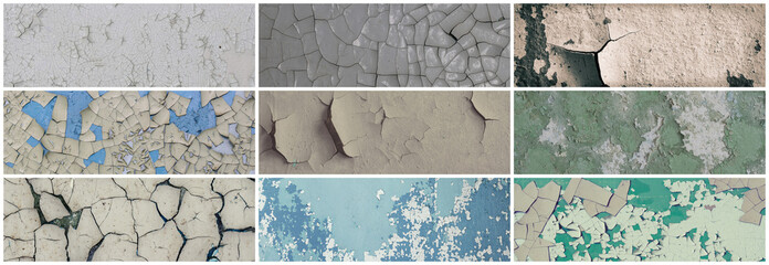 Set of peeling paint textures. Old concrete walls with cracked flaking paint. Weathered rough...