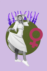 Exclusive artwork banner creative collage of happy glamour girl walk park wildflower bloom park hold hat spring gender sign