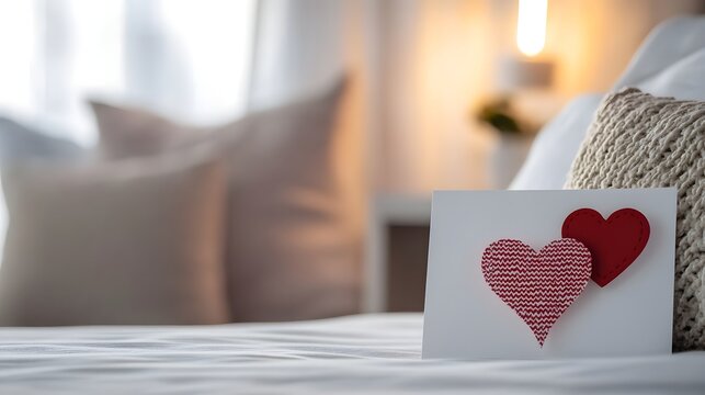Close-up of a handmade Valentine card placed on a bedside table with a thoughtful note