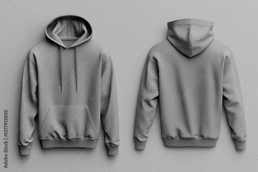 Poster grey hoodie displayed from front and back views on a neutral background for apparel showcasing and d